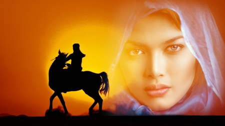 Zone - woman, horseman, sunset, horse