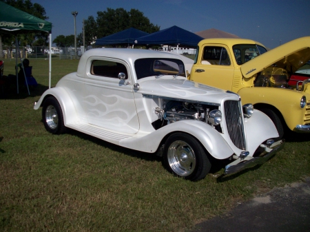 White Flame Coupe - white, classic, flames, hotrod