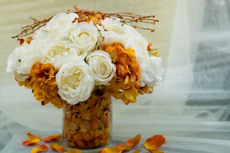 * Bouquet of flowers * - autumn, bouquet, still life, vase, white, blossoms, petals, leaves, flowers