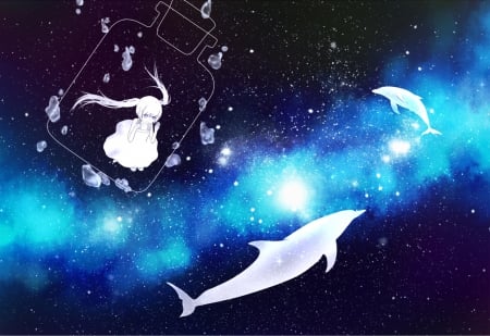 When dreams become true - nice, sky, universe, female, water, long hait, twintail, anime girl, black, white, dark, anime, dolphins, bottle, cute, stars, landscape, light, blue eyes, night, white dress, beautiful, awesome, smile, dress