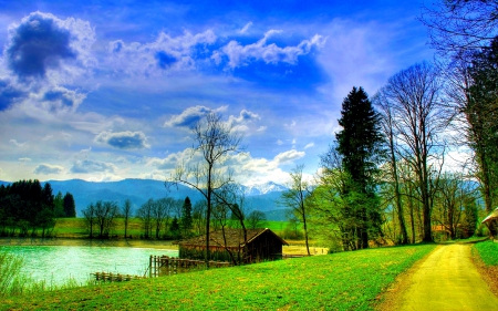 LAKESIDE CABIN - trees, landscape, air, mountains, road, nature, clouds, lamdscape, cabin, lakeside