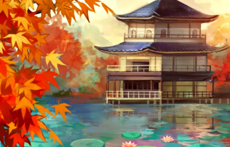 Autumn - flower, pink, water, leaves, anime, blue, manga, art, lake, chinese, orange, asian, autumn