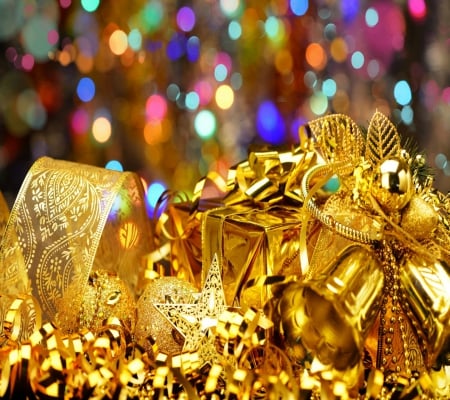 Golden Christmas - absract, pretty, beauty, beautiful, stars, christmas, ribbon, bells, present, light, gold, 3d