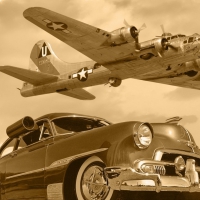 B17 WWII bomber flying over a vintage chevrolet