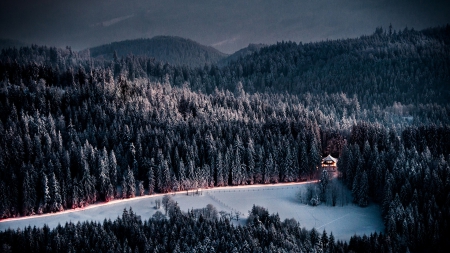 fantastic lodge in a forest in winter - winter, lights, lodge, forest, mountains