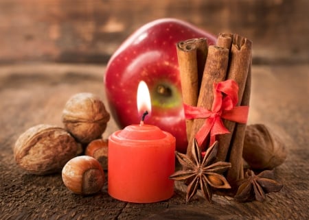 Simply Beautiful - beauty, candle, autumn, candles, light, wooden, lovely, autumn splendor, fall, pretty, red, beautiful, apple