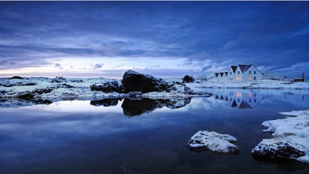 Iceland - sky, water, sunset, home, evening, cloud, plant, tree, house, rock, ice, lake, scenary, light, night, nature, iceland, blue, snow