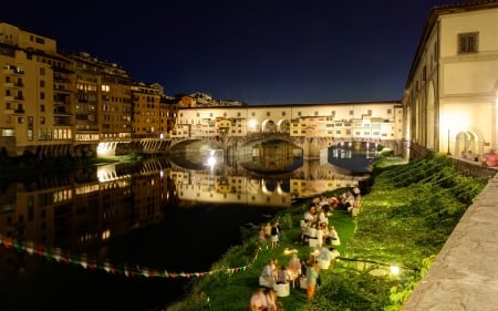 Ponte Vecchio - house, Florence, splendor, night, reflection, Italia, river, nature, lights, Italy, houses, bridge