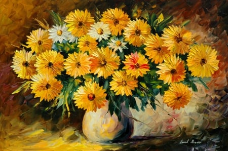 Sunny flowers - pretty, sunny, yellow, flowers, elegance, golden, nice, art, vase, delicate, beautiful, lovely, still life, bouquet, harmony, nature, painting, tender