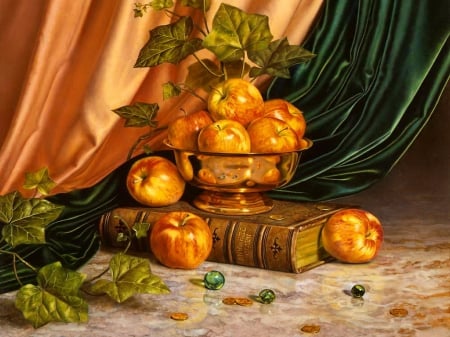 Still life - pretty, book, beautiful, still life, leaves, curtain, apples, nice, golden, fruits