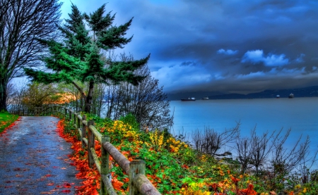 Early autumn - amazing, boat, landscape, grass, reflection, leaves, sailing, mist, lake, nice, early, sky, clouds, falling, trees, water, beautiful, ship, road, colors, lovely, fence, fall, river, nature, season, autumn, foliage