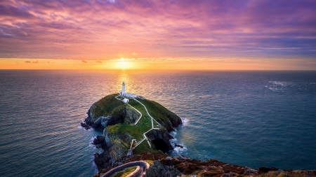 magnificent horizon over south stack lighthouse in wales - clouds, horizon, sunset, point, lighthouse, sea