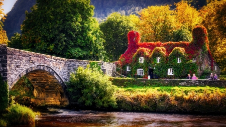 llanrwst tea room in conwy valley north wales - building, trees, river, ivy, colors, bridge