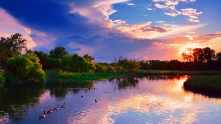 chisholm creek park in wichita kansas - trees, cluds, lake, ducks, park