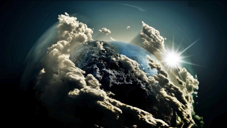 The Blue Planet - clouds, sunrays, oceans, galaxy, sun