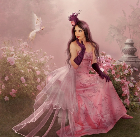 In the Garden - fantasy, lady, pink, garden