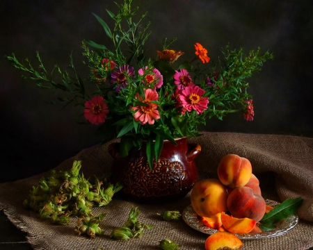 Still life - flowers, fruits, still life, bloom