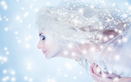 Snow Queen - white, flakes, woman, snow