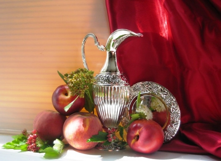 Still life - abstract, silk, photography, still life, amphora, apples, platter, silver, red, arrangement, fruits, art, artist