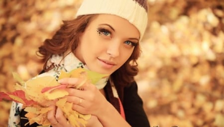 Pretty Autumn Girl - pretty, beautiful, photography, girl, leaves, autumn, woman, face, blue eyes