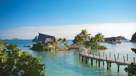 MORNING BEACH - ocean, trees, walkway, island, water, fiji, bridge