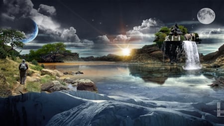 New World - cgi, sky, lake, planets, clouds, animals, fantasy