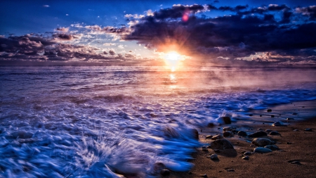 superb ocean sunrise - clouds, beach, sea, mist, sunrise, sun rays