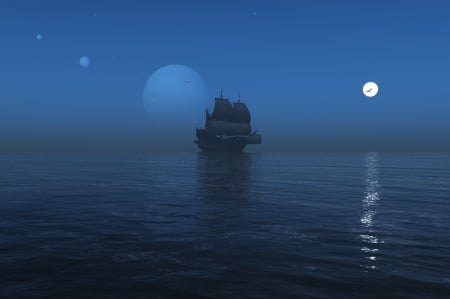 alone - moon, ocean, ship, alone, blue, water, sea, boat