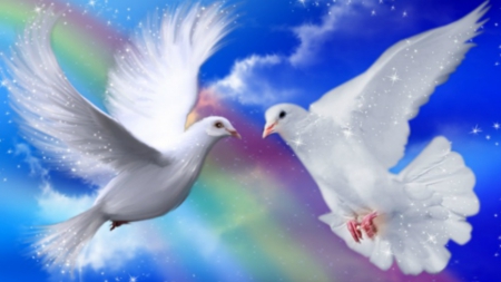 ~*~ Beyond The Rainbow ~*~ - doves, sky, rainbow, romantic, blue