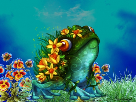 FLOWER POWER FROG - flowers, frog, abstract, art