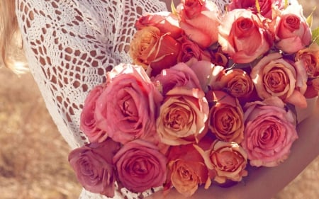 *Beautiful bouquet brought in arm* - roses, bride, femininity, girl, beauty, lovely, pink, orange, bouquet, flowers, nature, vintage, soft