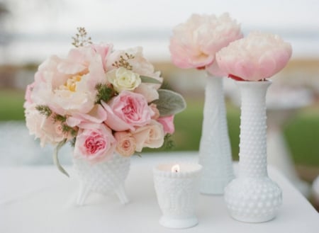 *Soft Pink* - beauty, wedding bride, candle, roses, soft, lovely, vase, white, pink, table, pastel, flowers, ornaments, decor