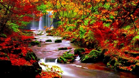 Autumn Creek - fall, trees, water, Waterfall, colors, stones, leaves