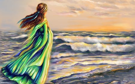 Fantasy Arts - back, sky, girl, hair, vetor, fantasy, waves, arts, clouds, green, ribbon, sea, dress