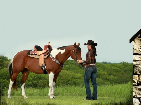 Cowgirl - women, girls, models, female, people, trees, cowgirls, hats, western, horses, style, fashion, boots, rodeo, buildings, outdoors, actors, beautiful