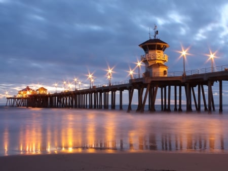 Huntington Beach Pier - ocean, blue, lights, pier