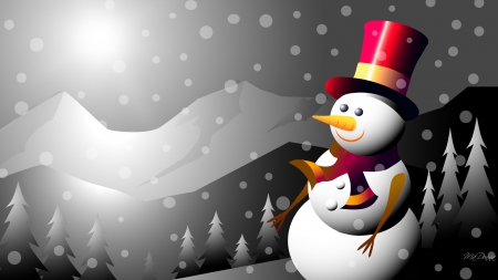 Bright Night Snowman - trees, snowman, winter, whimsical, snow, forest, snowing, bright, cute, mountains, Christmas, sky