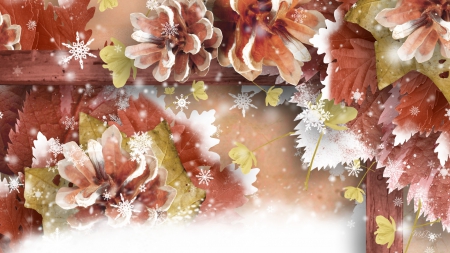 Winter On Its Way - ice, autumn, snow flakes, winter, country, fall, brown, snow, frost, leaves, pine cones