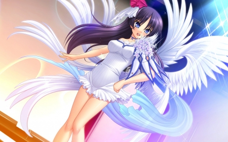 Takamachi Yukino - anime, ozawa akifumi, dress, chu x chu paradise, long hair, nice, art, blue eyes, anime girl, beautiful, beauty, cool, sweet, flower, white dress, takamachi yukino, smile, lights, wings, black hair, rose, cute, sexy