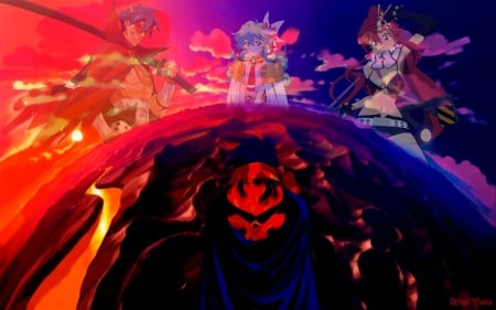 Tengen Toppa Gurren Lagann - male, spirits, tengen toppa gurren lagann, anime girls, sky, female, kamina, yoko littner, sunset, anime boys, cooldark, simon, cool, anime, nia teppelin, planet