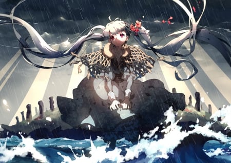 I am coming - anime, female, dress, long hair, dark, flowers, rain, sky, clouds, sunlight, anime girl, water, twintails, beautiful, beauty, evemace, red eyes, ights, gray hair, dark clouds