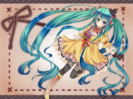 Hatsune Miku - female, hat, ribbons, anime girl, anime, jiiwara, cute, hatsune miku, anime girls, twintails, blue eyes, boots, gloves, blue hair, pantyhose, vocaloid, smile, blush, dress