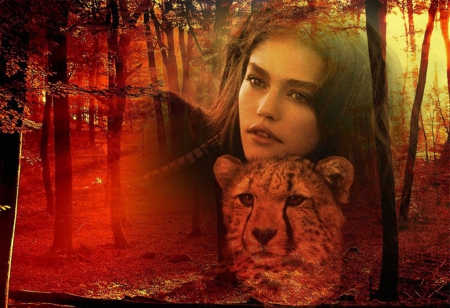 red fantasy - forests, collages, fantasy, woman, red