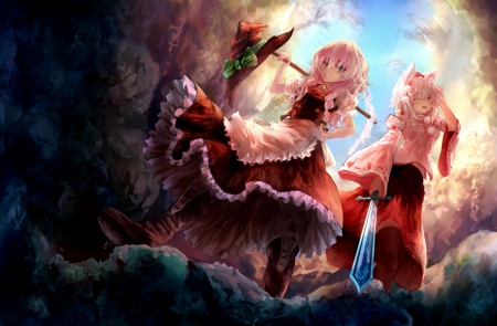 summer breeze - sword, girls, skirts, pink hair