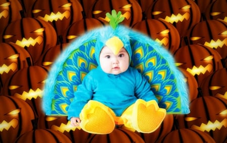 Ready for Halloween - tail, child, cute, bird, mask, halloween, yellow, pumpkin, blue, peacock, costume