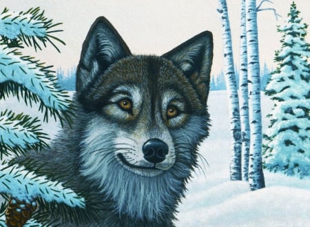 Wolf Portrait - trees, winter, predator, artwork, snow, wolves