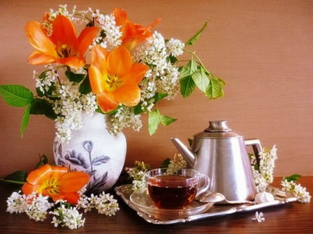 Tea, and tulips - orange, tulips, flowers, tea pot