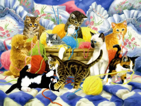 Yarn party tonight - fun, adorable, fluffy, kittens, joy, playing, kitties, yarn, cats, party, friends, sweet, cute, tonight