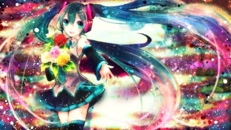 Hatsune Miku - pretty, anime, vocaloid, female, twintail, hatsune miku, green eyes, green hair, long hair, flowers, music, nice, anime girl, skirt, beautiful, singer, beauty, sweet, miku, awesome, lights, cute, hatsune, vocaloids