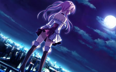 Nanami Naru - pretty, anime, female, twintail, city lights, night, long hair, pink eyes, nanami naru, nice, pink hair, sky, clouds, moon, anime girl, skirt, beautiful, city, beauty, cool, gensou no idea, awesome, sexy